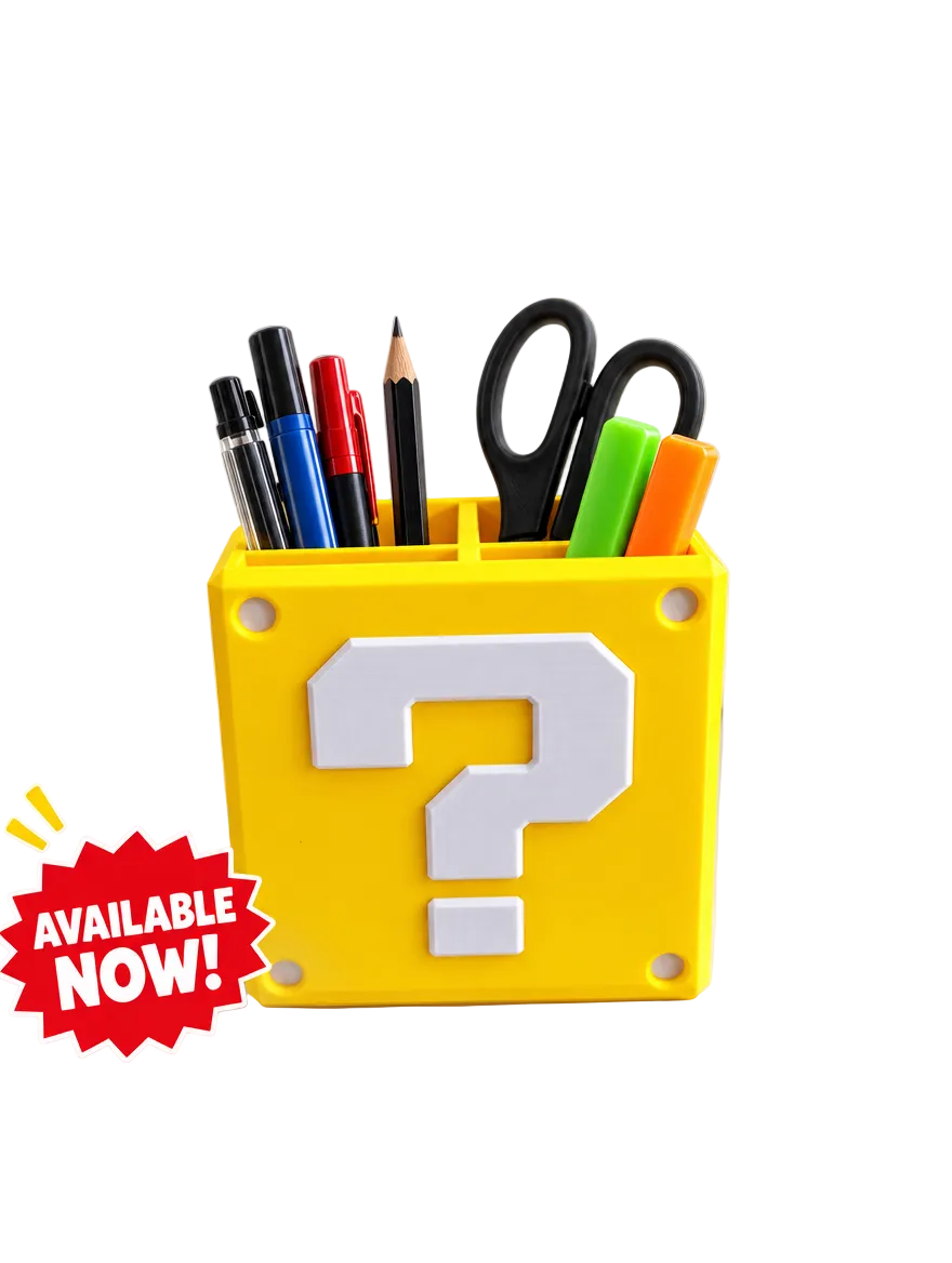Yellow desk organizer shaped like a retro video game question block with a large white question mark, shown holding pens, pencils, scissors, and highlighters. The image includes promotional text and icons for stationery storage. super mario question block holder